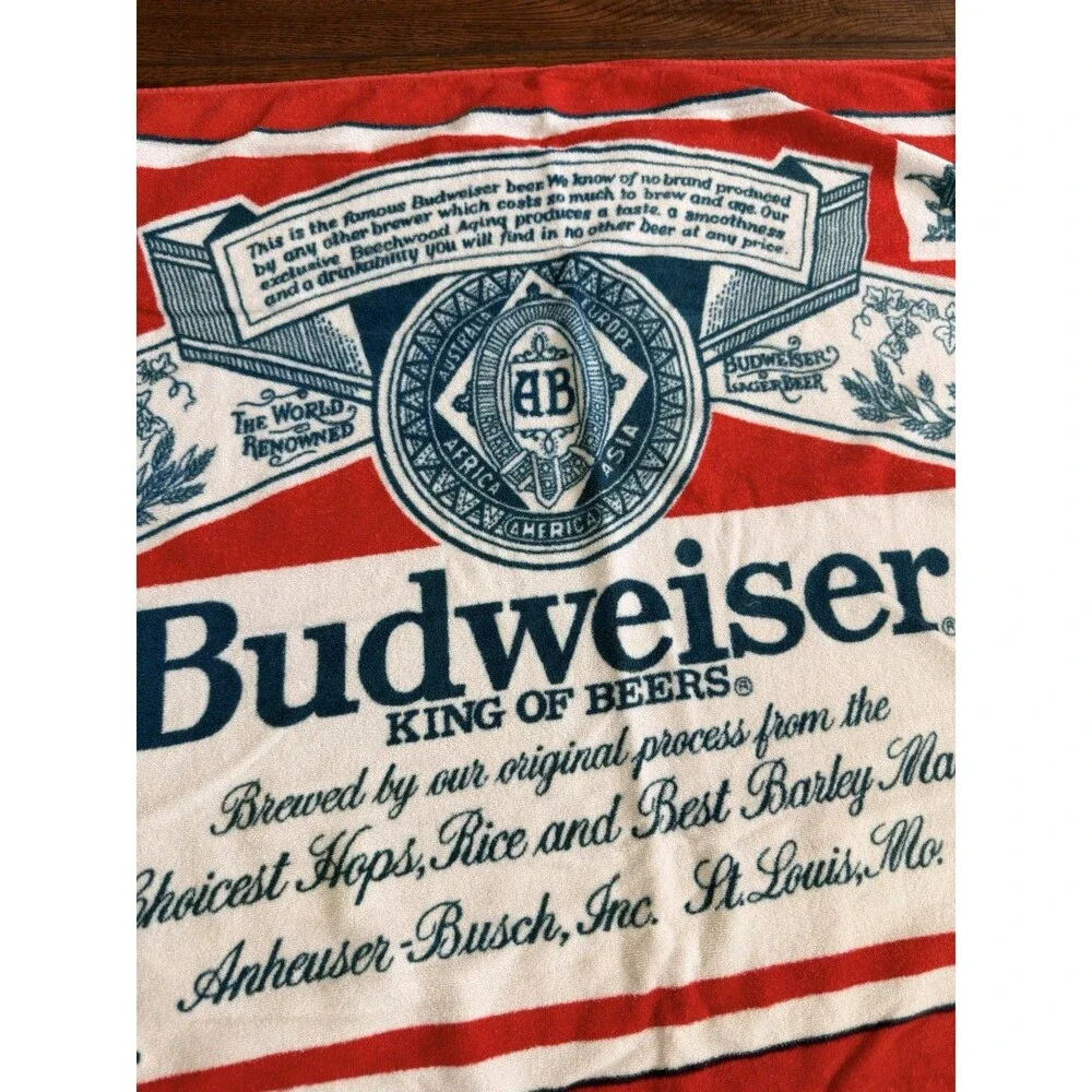 Budweiser Bottle Label Beach Towel R.A. Briggs King of Beers Red Blue VTG 54x29